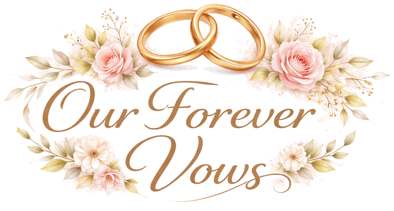 Our Forever Vows logo: two gold wedding rings framed by soft watercolour florals